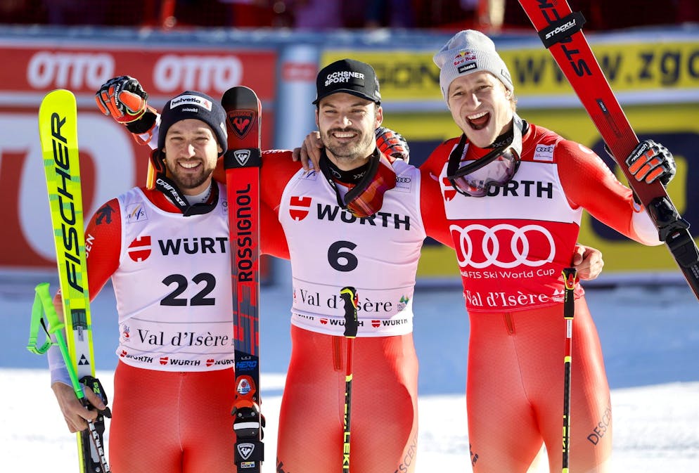 Luca Aerni, Loic Meillard e Marco Odermatt sul podio.