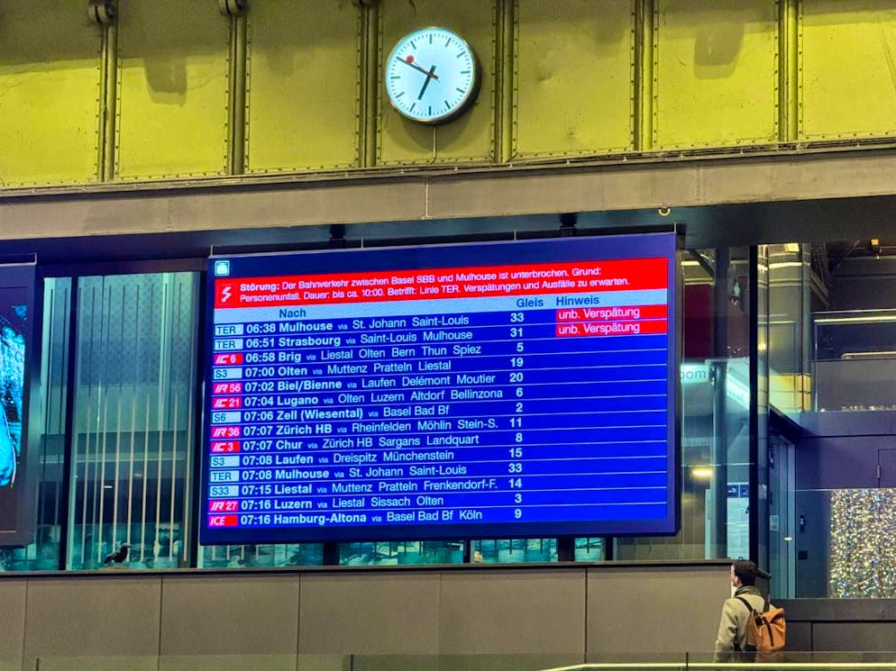 Two trains are delayed in Basel due to an accident.