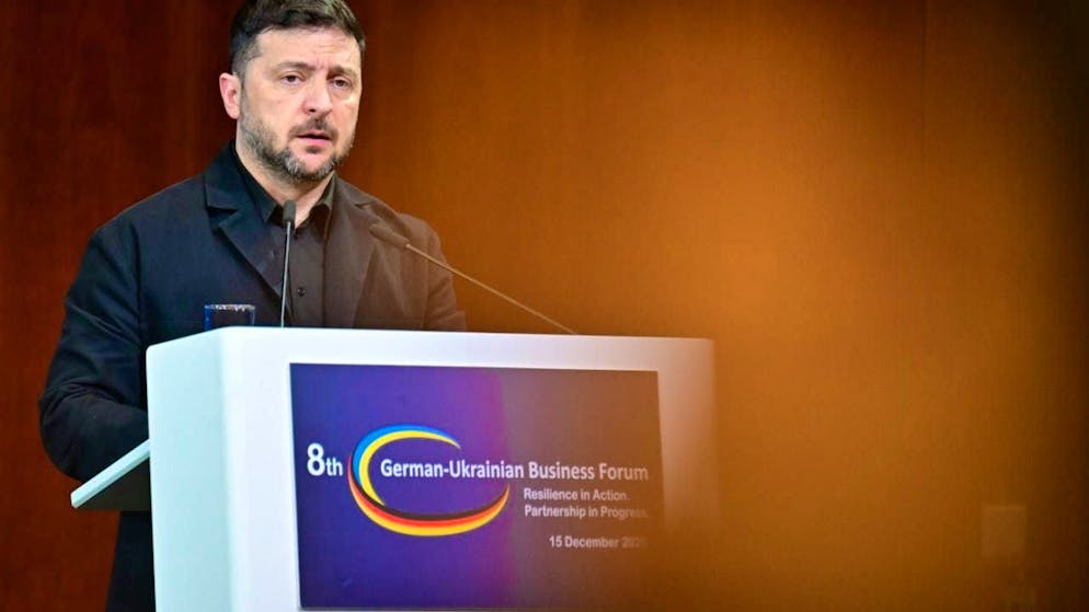 Volodymyr Selensky speaks during the German-Ukrainian Economic Forum. Photo: Sebastian Christoph Gollnow/dpa