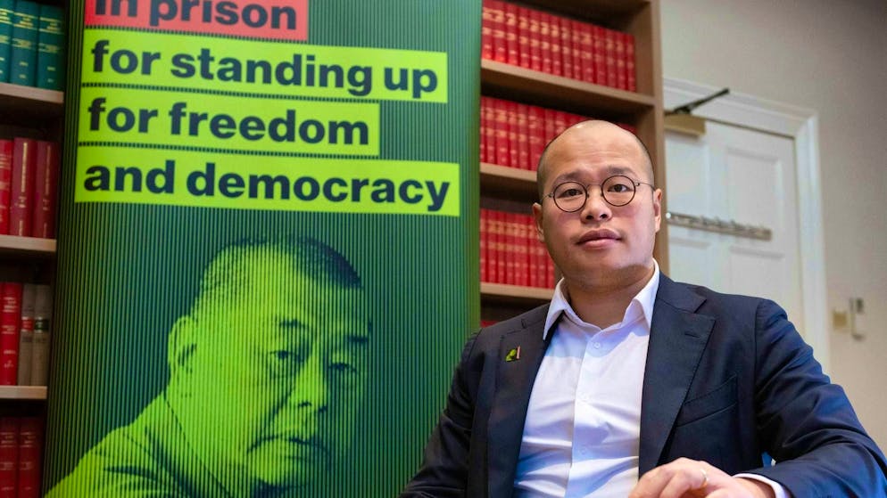 Jimmy Lai's son, Sebastien Lai, at a press conference in London on Monday after the verdict against his father in Hong Kong was announced. (December 15, 2025)