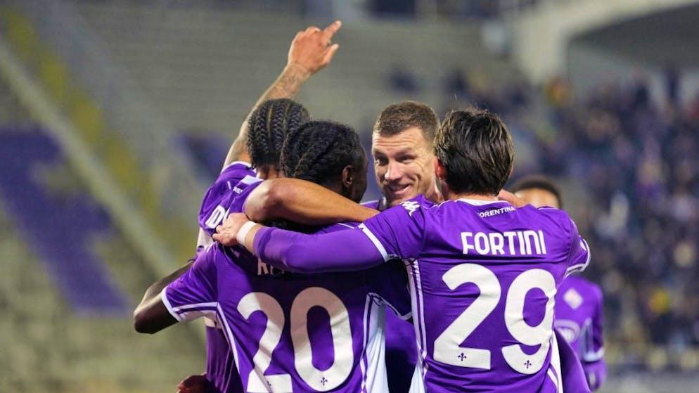 Ein Bild mit Seltenheitswert: Die Spieler der kriselnden AC Fiorentina, mit Edin Dzeko (Bildmitte), im Freudentaumel