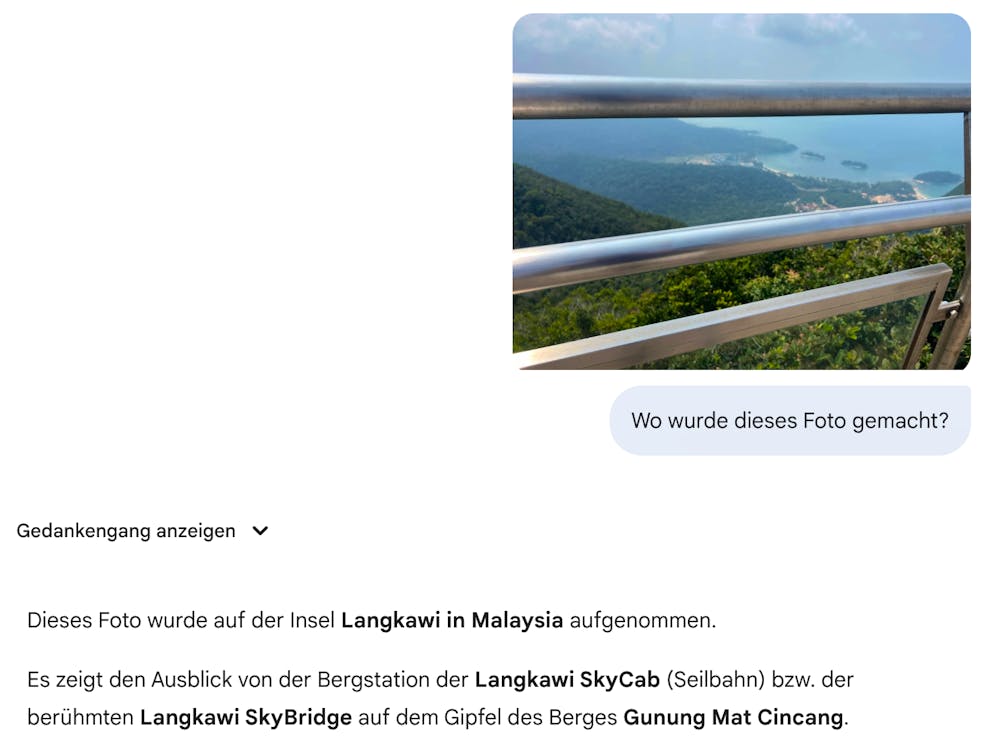 Google Gemini erkannte den Standort des Fotos korrekt, obwohl das Bild nur in kleiner Auflösung und ohne weitere Informationen zur Verfügung gestellt wurde.