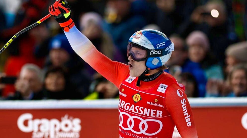 Marco Odermatt celebrates at the finish in Val Gardena/Gröden