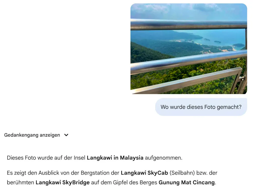 Google Gemini correctly recognized the location of the photo, even though the image was only provided in low resolution and without further information.