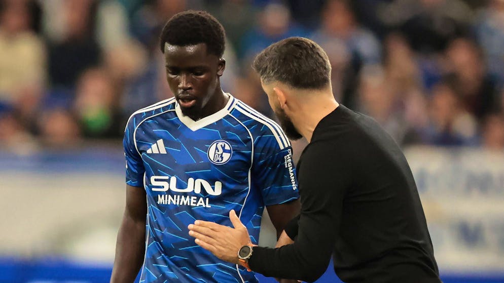 Schalke-Trainer Miron Muslic im Gespräch mit Christian Gomis.