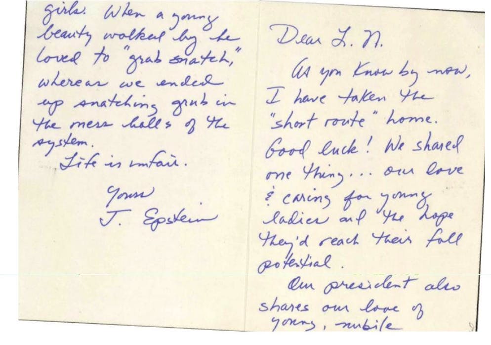 Diese Postkarte schrieb Jeffrey Epstein an Larry Nassar – laut US-Justizministerium handelt es sich dabei um eine Fälschung.