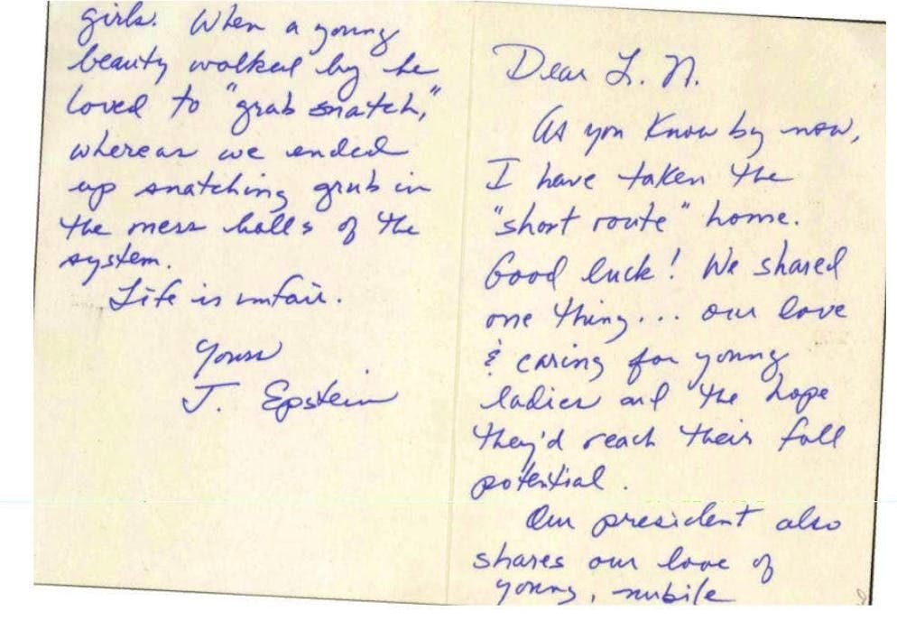 Jeffrey Epstein wrote this postcard to Larry Nassar - according to the US Department of Justice, it is a fake.