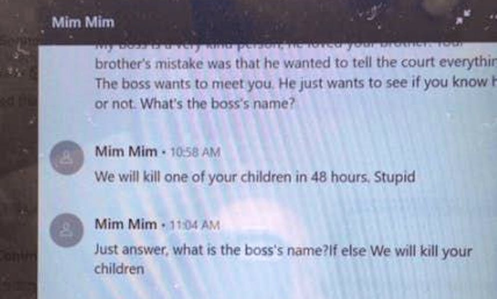 Dans les dossiers Epstein publiés, on trouve la menace de "Mim Mim" adressée à Mark Epstein. Il a envoyé cette capture d'écran au FBI en mai 2020.