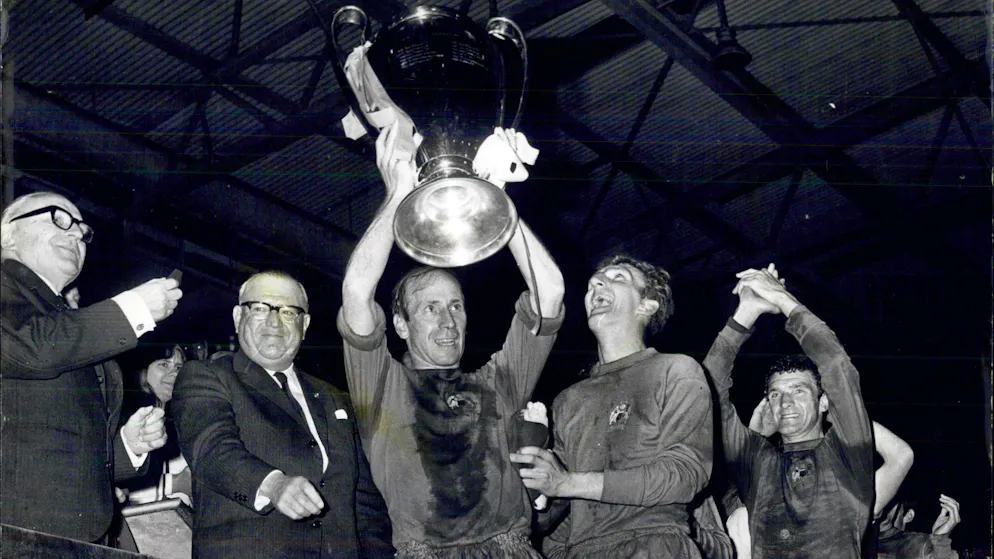 1968: Bobby Charlton wins the European Cup with Manchester United.