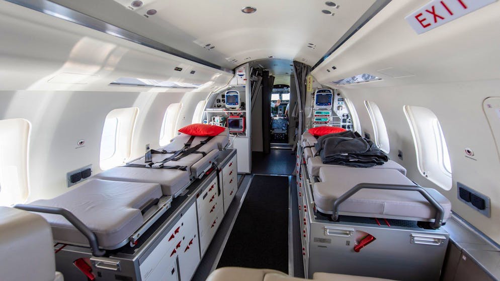 High-tech aircraft. Fire victims are transported by these Rega jets