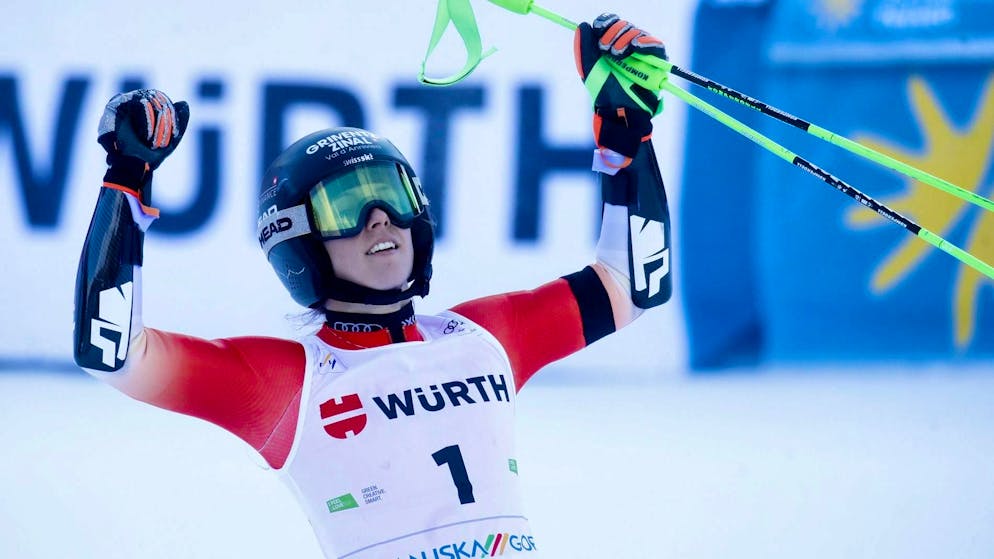 Camille Rast celebrates the first giant slalom victory of her career in the Kranjska Gora finish area.