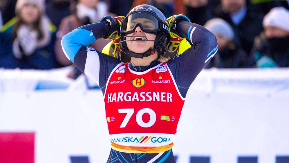 Noa Szollos celebrates her first World Cup points in Kranjska Gora.