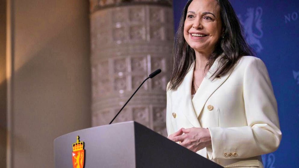 ARCHIVE - Nobel Peace Prize winner Maria Corina Machado speaks at a press conference at the government office in Oslo. Photo: Stian Lysberg Solum/NTB/dpa