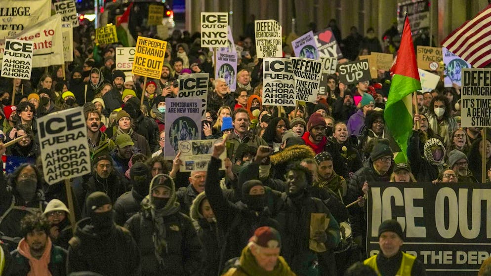 People took to the streets in New York on Wednesday evening to protest the shooting of a woman by an ICE officer in Minneapolis.