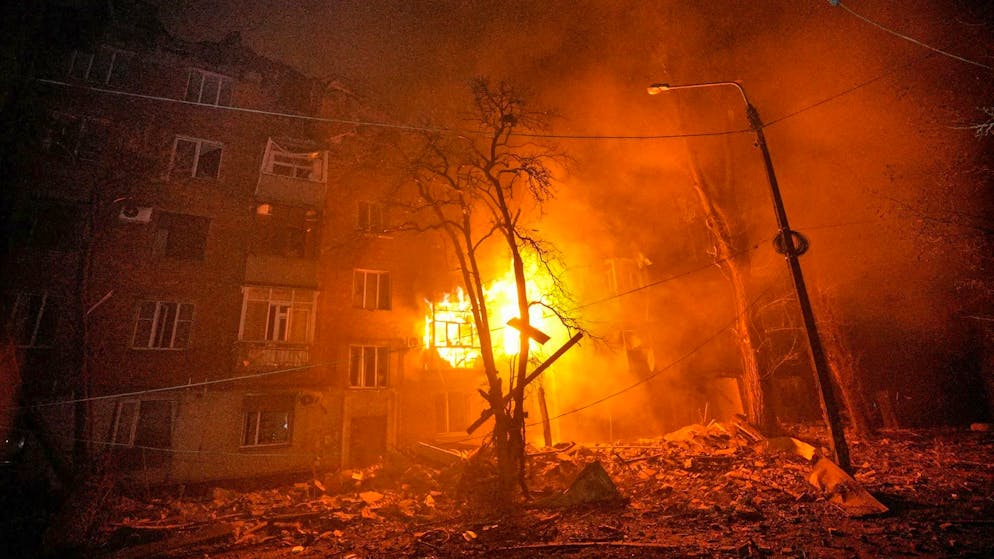 A residential building in Kryvyi Rih burns after a Russian attack on Thursday night.