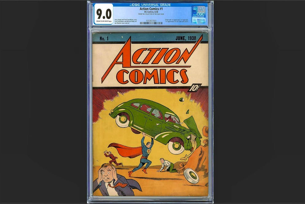 Record price: Superman book sold for 15 million dollars - Gallery. The cover of the comic book shows Superman in spandex pants with a red cape. 