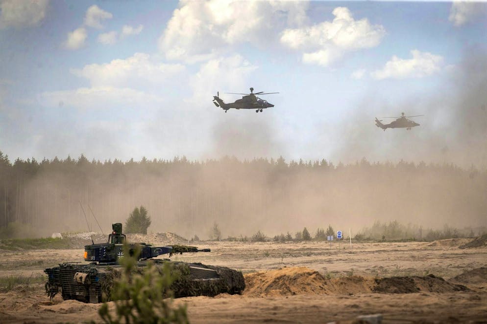 Truppe tedesche durante la manovra della «Quadriga 2024» a Pabrade, in Lituania, nel maggio 2024.