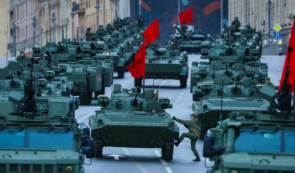 Russian tools of war during a drill in front of a parade in Moscow.