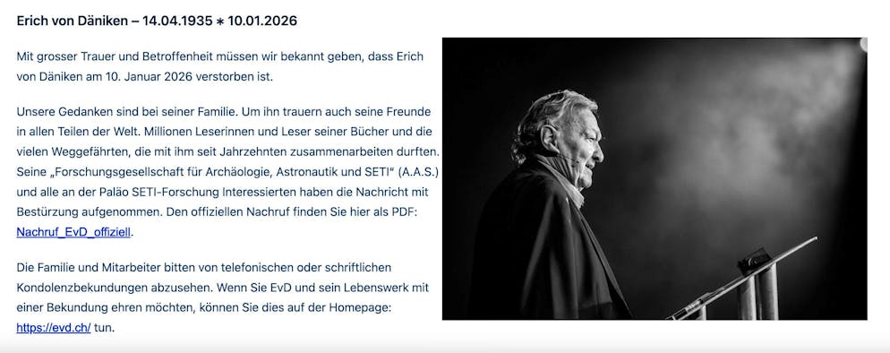 The death announcement on Erich von Däniken's website.
