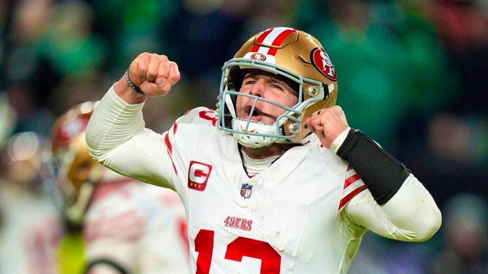 San Francisco quarterback Brock Purdy celebrates a touchdown against the Philadelphia Eagles.