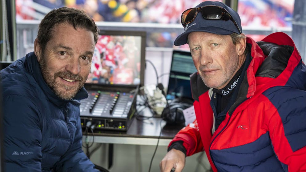 Consultant ski alpin de la RTS depuis plusieurs années, Patrice Morisod (à droite) apporte son regard d’expert aux côtés de John Nicolet.