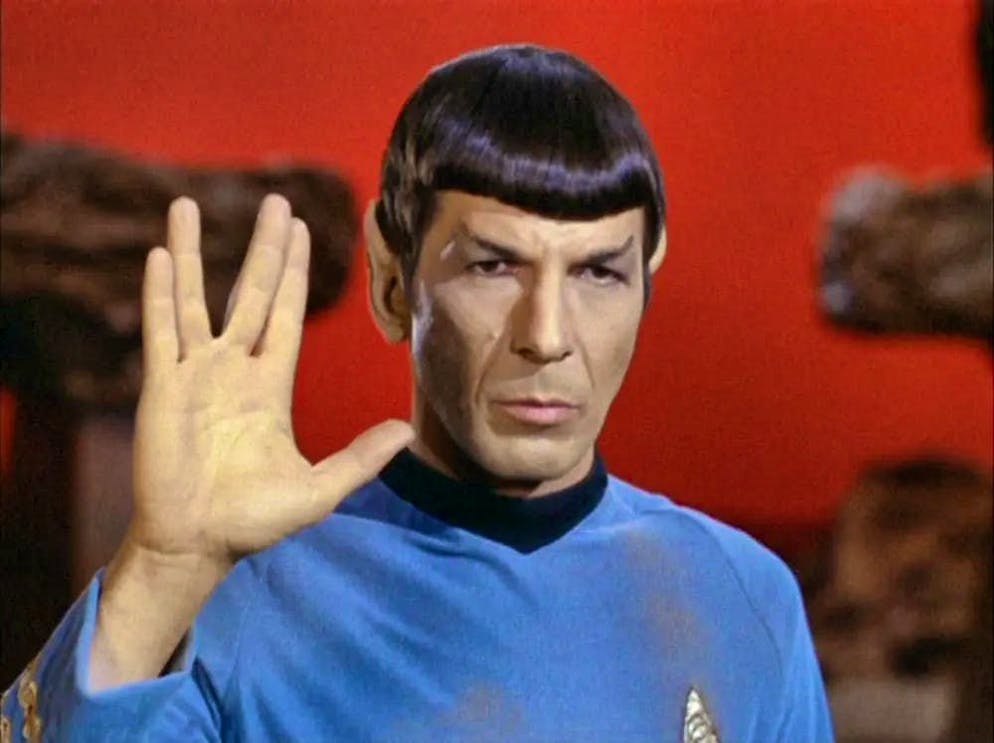 Star Trek - 60 years. Cult figure Mr. Spock (Leonard Nimoy) shows the "Vulcan salute".