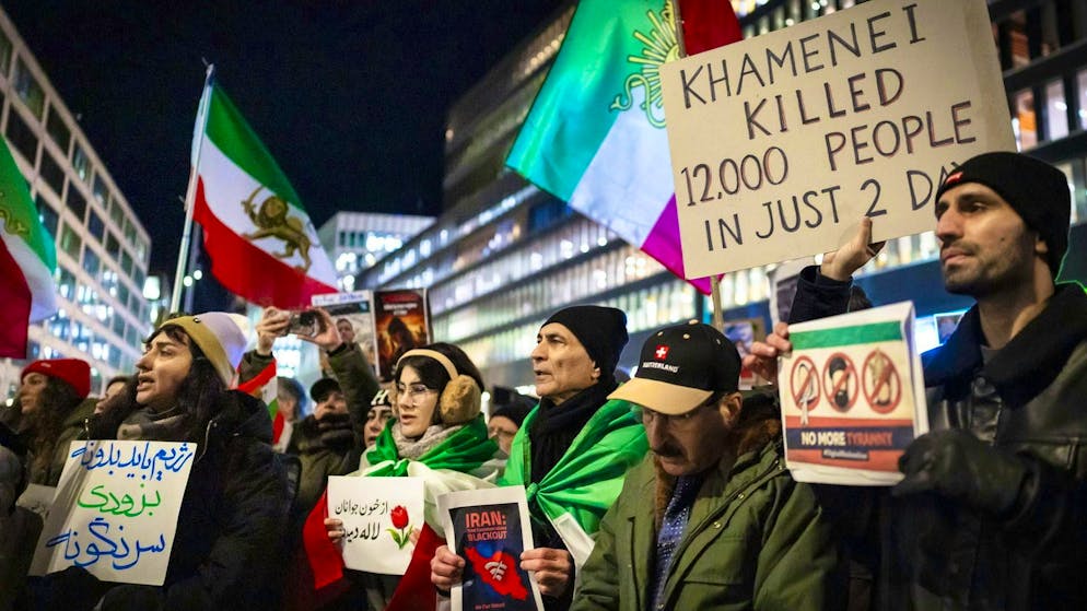 People demonstrate against the regime in Tehran in Zurich on January 13, 2026.