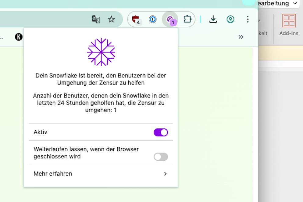 So sieht die aktivierte Erweiterung im Google Chrome auf MacOS aus.