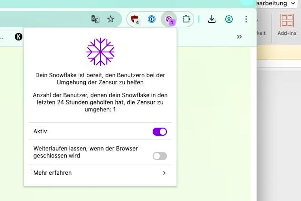 This is what the activated extension looks like in Google Chrome on MacOS.