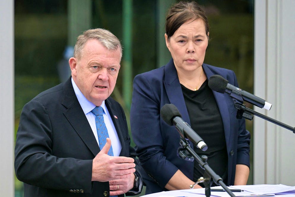 Danish Foreign Minister Lars Lökke Rasmussen and Greenlandic Foreign Minister Vivian Motzfeldt during a press conference at the Danish Embassy in Washington, DC, on January 14, 2026, following the crisis meeting with the US government.