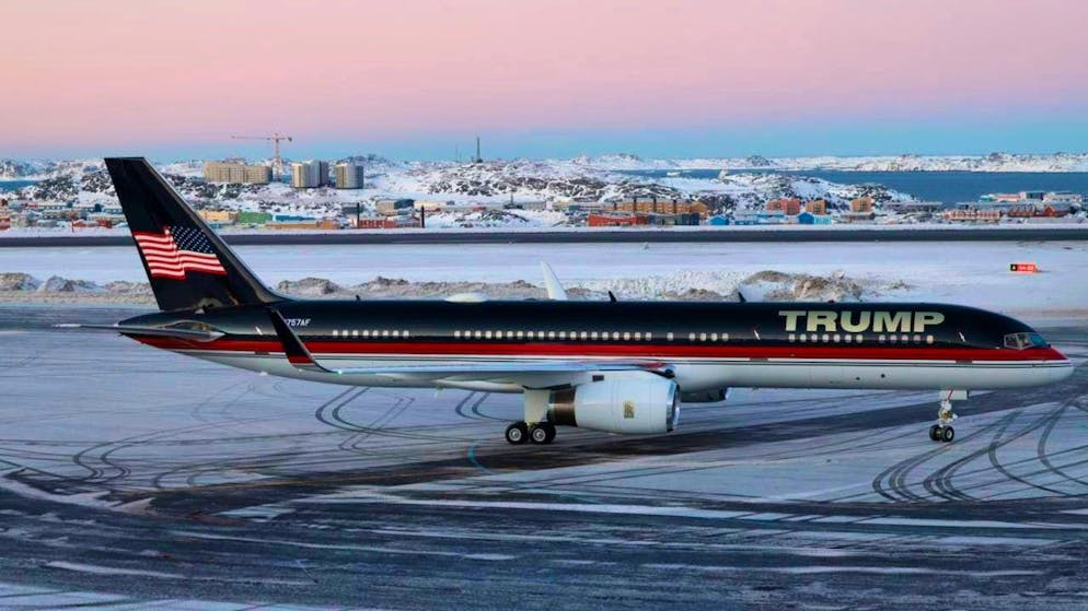 A plane with Donald Trump Jr. on board lands in Greenland's capital Nuuk on January 7, 2025.