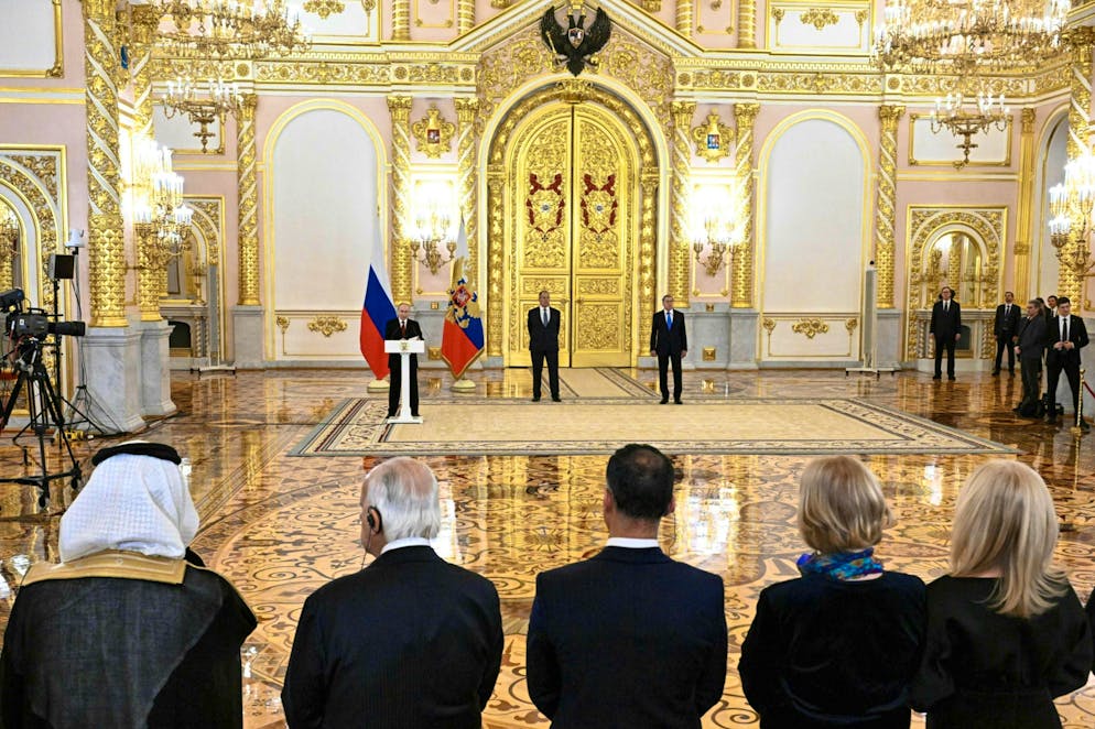 Russian President Vladimir Putin delivers a speech during a ceremony to receive the credentials of newly appointed foreign ambassadors in the Alexander Hall of the Kremlin in Moscow.