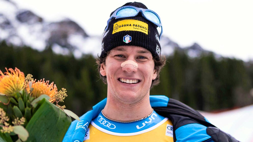 Franzoni poses after his Wengen victory - still with a nose plaster.