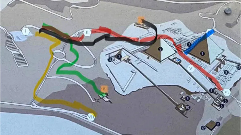 Pyramiden. Plan des neuen Bus-Systems auf dem Gizeh-Plateau: Ausgangspunkt für die Besichtigung der Pyramiden ist Punkt I, wo sich das neue Visitor Center befindet – von hier aus fahren die Shuttlebusse zu den wichtigsten Stationen der Anlage.
