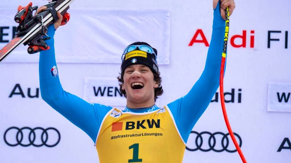 Giovanni Franzoni celebrates his first victory in the Ski World Cup in Wengen