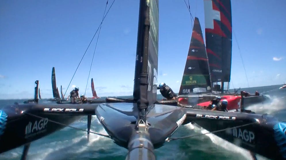 Scary moment in the video. Here the Swiss SailGP team collides with New Zealand