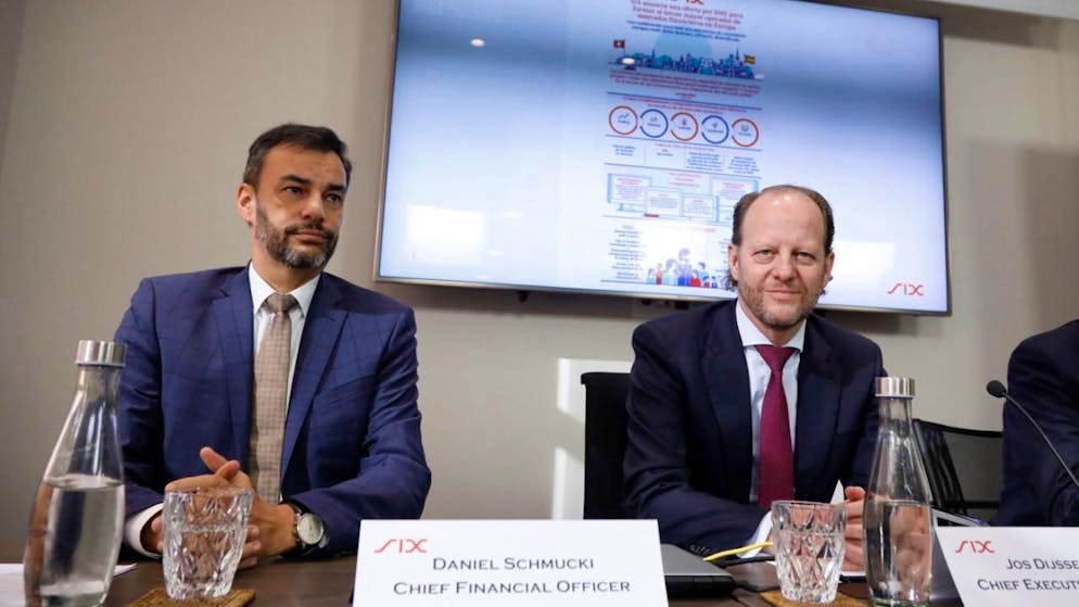 Daniel Schmucki (à gauche) et Jos Dijsselhof avaient été les artisans aussi bien de la vente des services de paiement à Worldline en 2018 que de l'acquisition de la Bourse de Madrid en 2020. (archive(