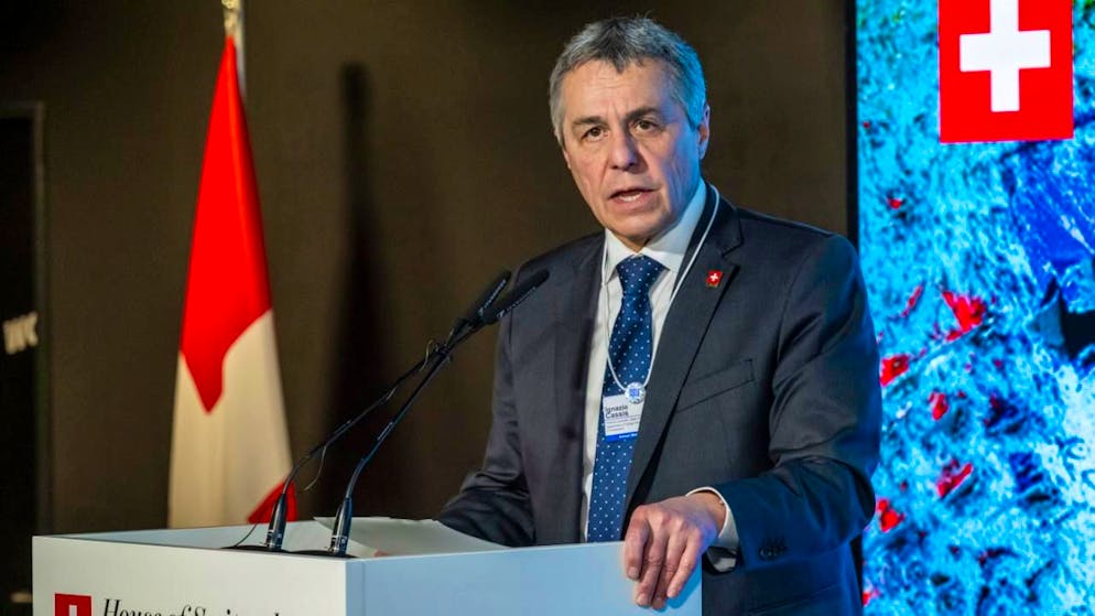 Il consigliere federale Ignazio Cassis mentre si esprime al Forum economico mondiale (WEF) di Davos (GR)