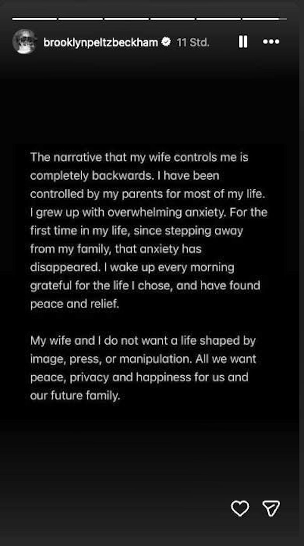 Brookyln Beckham fires back at his family. The claim that my wife controls me is absolutely false.