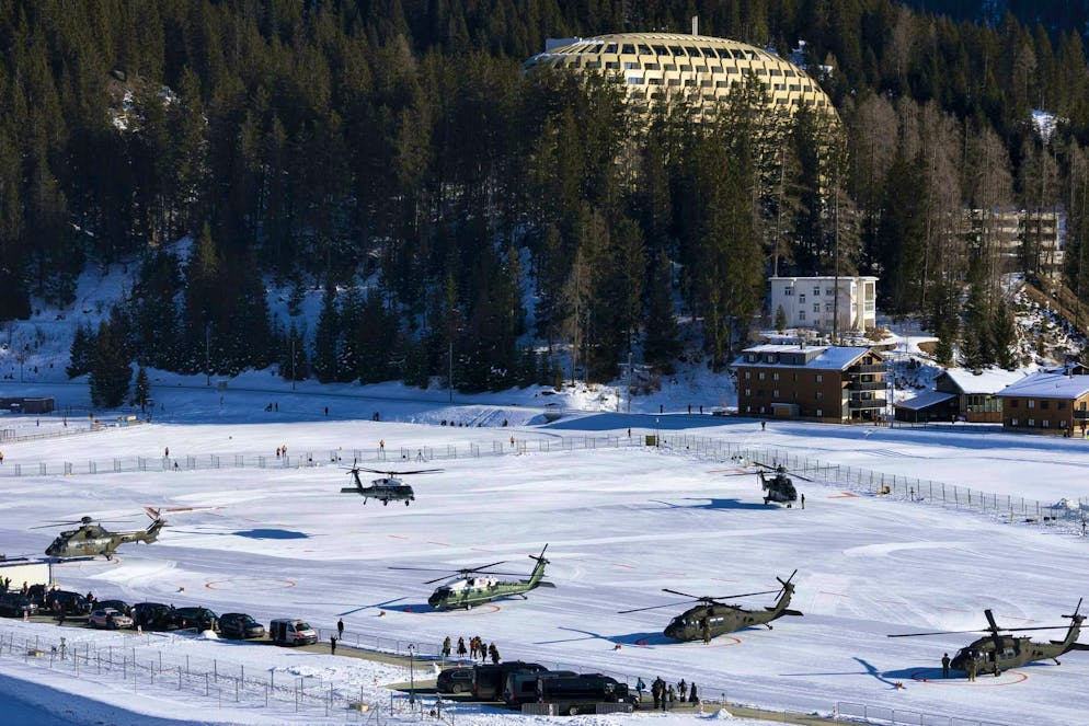 Trump's arrival in Davos in pictures. His helicopter convoy landed at 2 pm.
