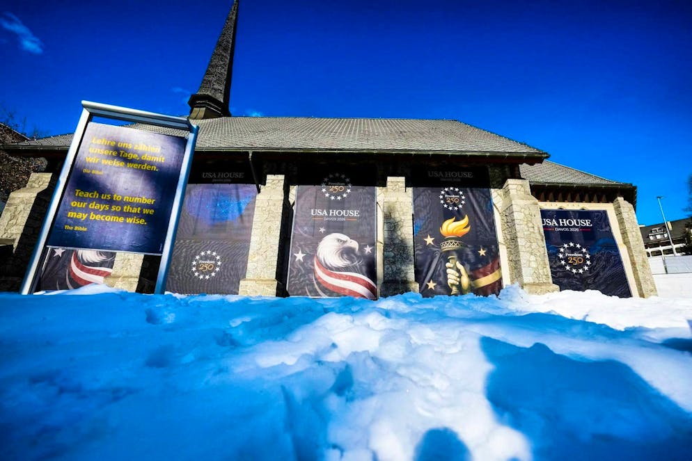 US posters cover the Free Evangelical Church in Davos during the WEF.