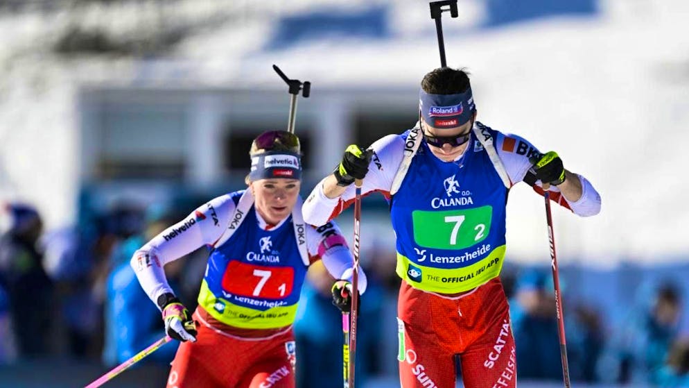 Amy Baserga (left) and Niklas Hartweg are among the ten biathletes selected by Swiss Olympic for the Winter Games in Milan-Cortina