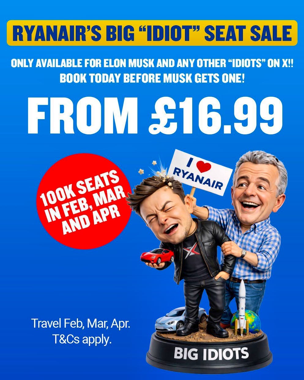 Musk lässt auf X über den Kauf von Ryanair abstimmen. Ryanair reagiert mit einer Extra-Billig-Aktion für Musk und andere Idioten auf X.