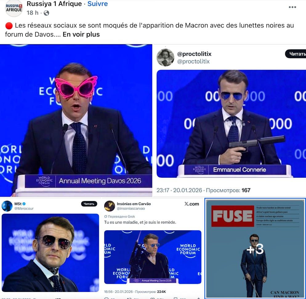 Exemples de détournements de l'apparition d'Emmanuel Macron avec des lunettes de soleil.