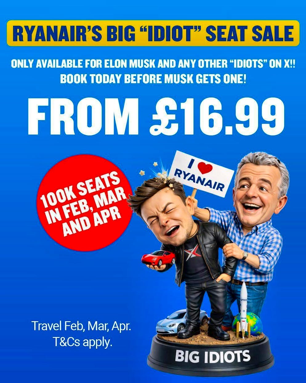 Musk puts the purchase of Ryanair to a vote on X. Ryanair responds with an extra cheap promotion for Musk and other idiots on X.