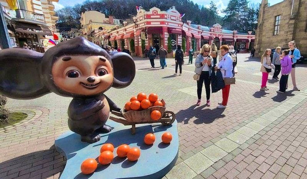 A Cheburashka figure stands in the pedestrian zone of the Russian spa town of Kislovodsk, famous for its mineral springs. The first part of the popular Cheburashka film was shot in the town, which is why the figure is also used for tourist advertising purposes.