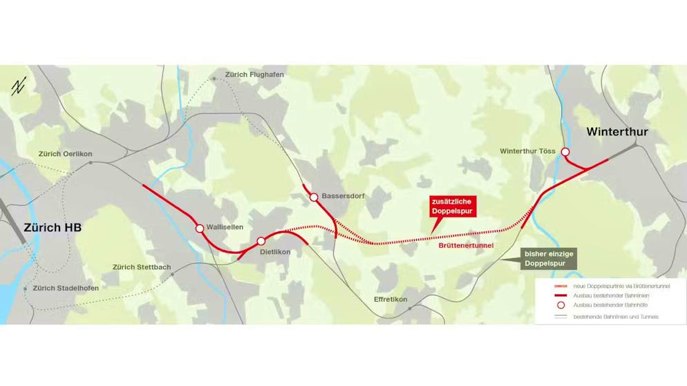 Instead of taking a wide curve via Effretikon, in a good ten years' time the line will run almost directly from Dietlikon towards Winterthur. Please note: The map is tilted to the right, or north-east.