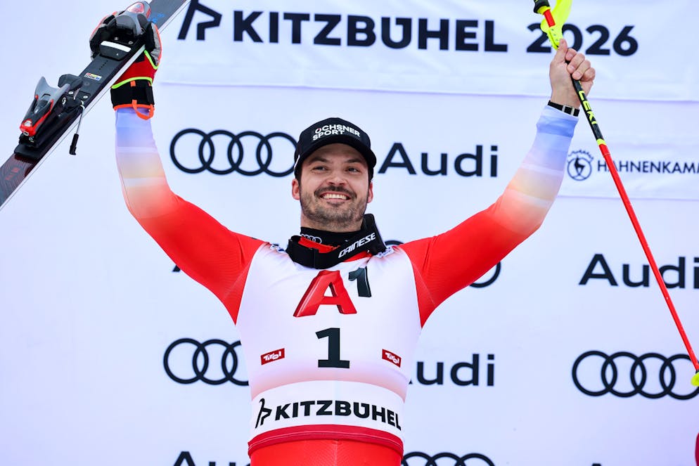 Switzerland's Loic Meillard celebrates after fishing second in a alpine ski, men's World Cup slalom in Kitzbuehel, Austria, Sunday, Jan. 25, 2026. (AP Photo/Marco Trovati)