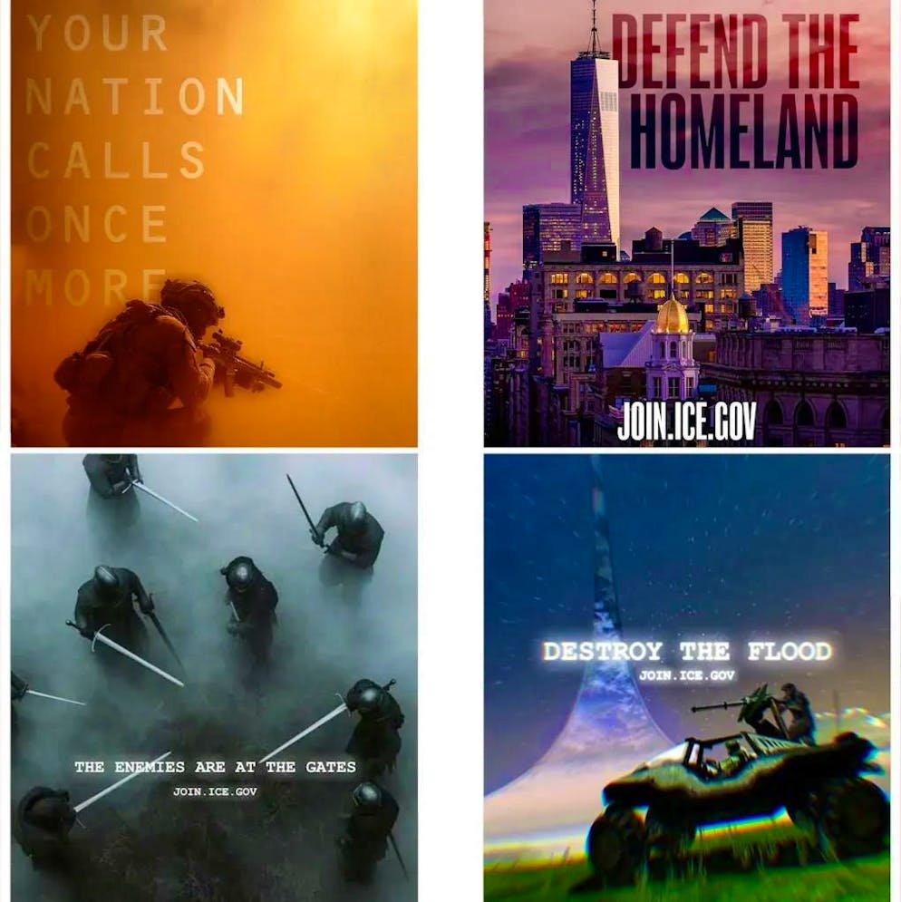 ICE uses martial slogans such as "Defend the Homeland" or "The enemies are at the gates" to recruit new staff.