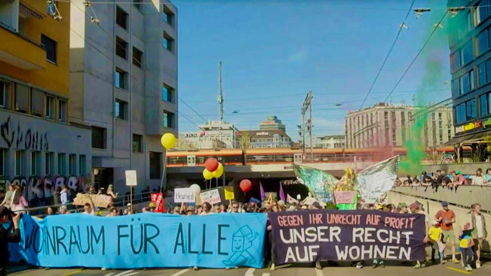 Protesters in Zurich demand affordable housing and an end to displacement through new buildings and rising rents.